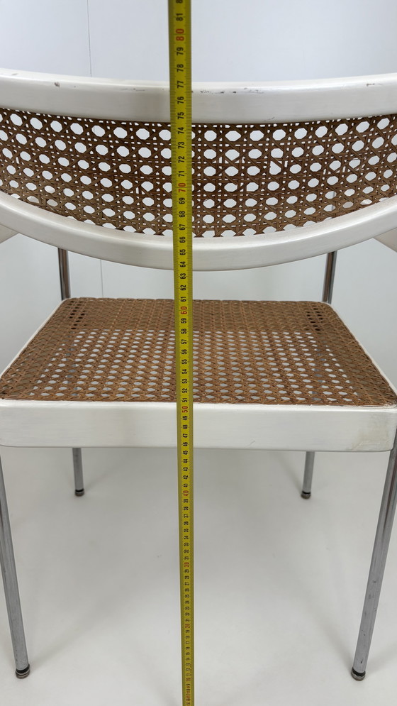 Image 1 of 2 x vintage armchair rattan/webbing chrome tube frame white wood