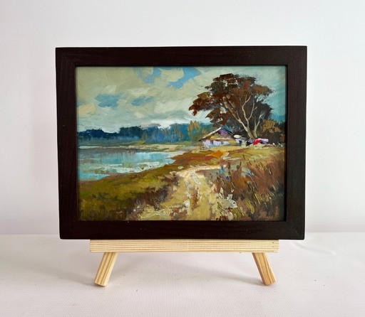 Original Oil Painting Autumn Forest Landscape House in the autumn forest