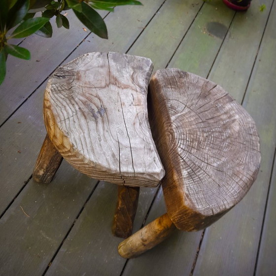 Image 1 of Pair of Brutalist tripod stools in grey pine. France, 50s