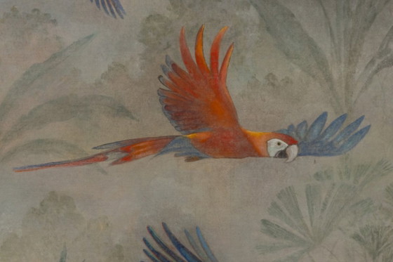 Image 1 of Painted canvas depicting three parrots in a tropical forest. Contemporary.