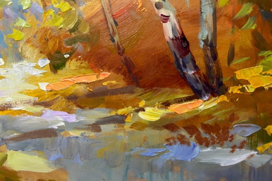 Image 1 of Origineel olieverfschilderij: Herfstboslandschap, herfstberkenbos
