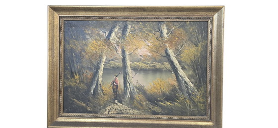 Image 1 of Atmospheric Painting "Autumn Landscape" – Vintage 1970s with Gold Frame