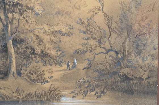 Toegeschreven aan Franz Joseph Manskirch (1768–1830) Romantische Houtskool- en Potloodtekening — Paar in een (photo 5 of 12)
