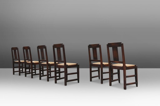 Ensemble de 6 chaises de salle à manger Art Déco en chêne et osier par Victor Coutray, France
