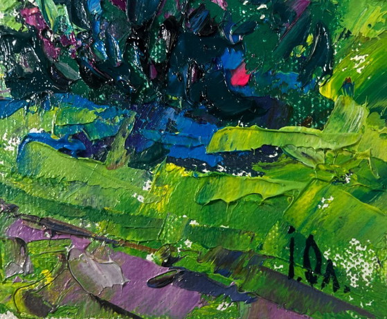 Image 1 of Original Oil Painting Summer House Landscape Cool evening with the smell of grass