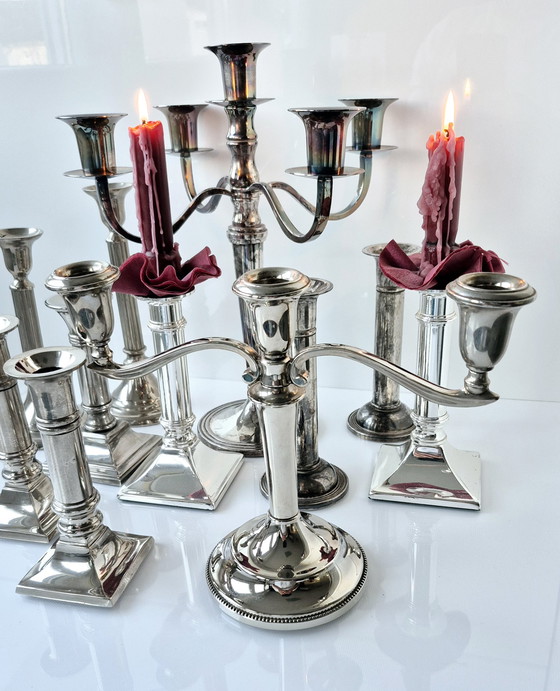 Image 1 of Collezione di 11 candelieri vintage placcati in argento (ottone) di varie epoche