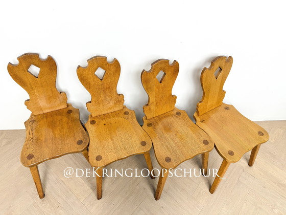 Image 1 of 4x Vintage Brutalist wooden chairs with a diamond pattern