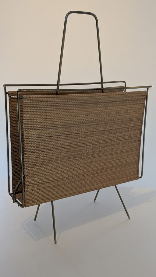 Swedish brass and raffia fabric magazine rack - 1960's