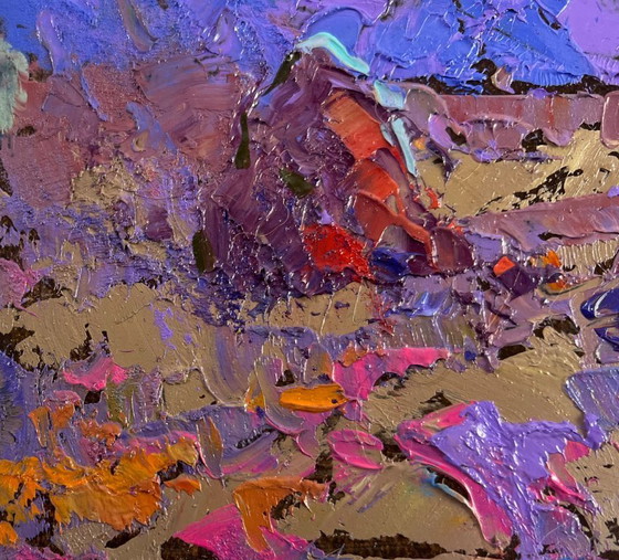 Image 1 of Original Oil Painting Sunset Field Landscape The path into the evening coolness