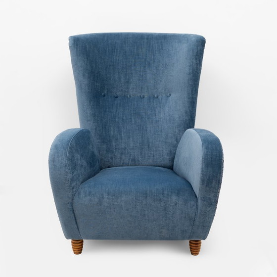 Image 1 of Pair of Italian Paolo Buffa High-Back Armchairs in Blue Velvet and Chenille, 50s