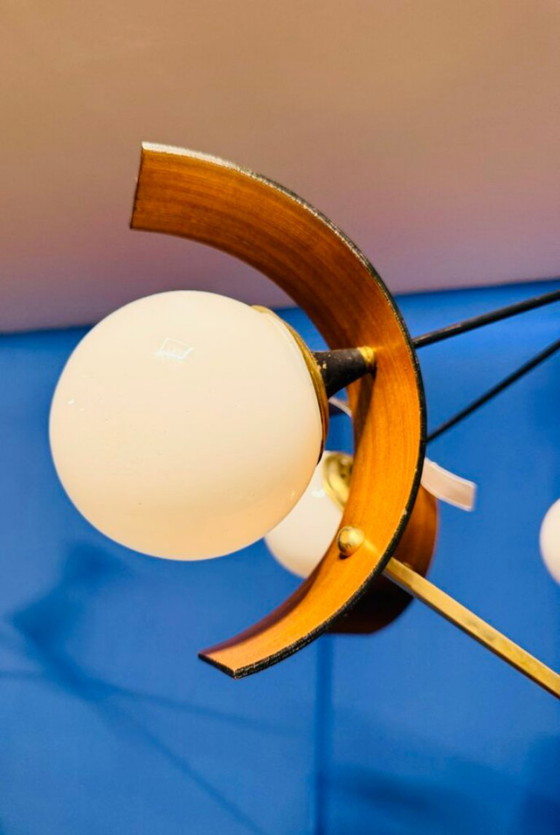 Rare Space Age / Mid-Century Chandelier, by Stilnovo Milano, Metal, Wood, White (photo 5 of 6)