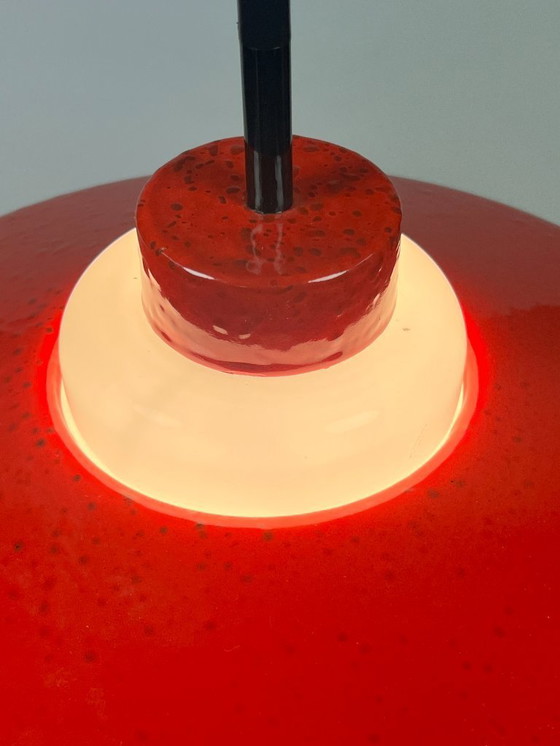 Image 1 of Vintage Hanglamp, Rood Emaille, Wit Opaalglas, Hustadt Leuchten, Duitsland 1960's