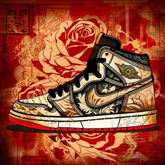 Image 1 of Thirteen: "Nike Jordan by Shepard Fairey." Hand-signed, edition 6/10. Glicee on canvas. Includes frame and hanging system.
