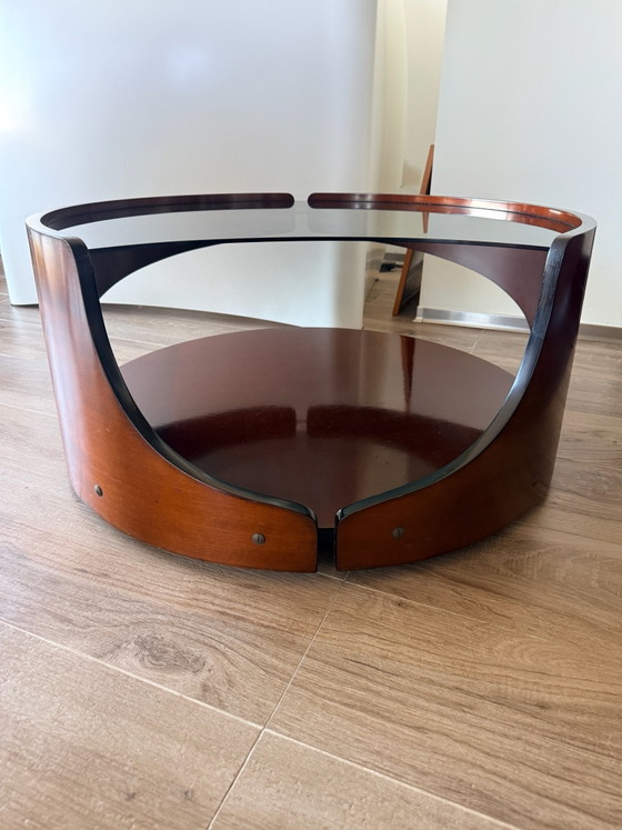 Italian Space Age Coffee Table – Smoked Glass & Curved Wood – 1970s (photo 2 of 15)