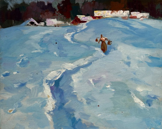 Image 1 of Original Oil Painting Winter Village Landscape Along the snowy paths