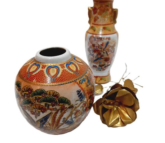 Image 1 of Two Vintage Chinese porcelain vases and brass rose