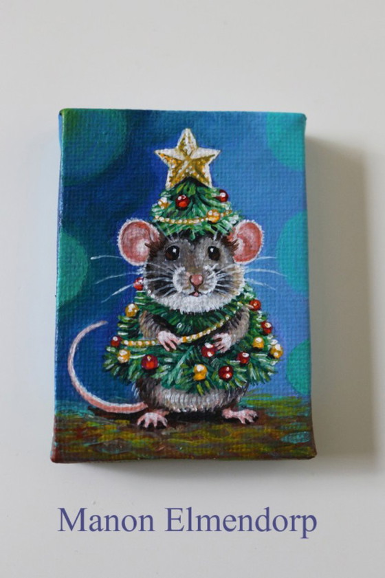 Unique Hand-Painted Miniature Painting Mouse as Christmas Tree, Paintings & Drawings, Canvas, Wood (photo 6 of 6)