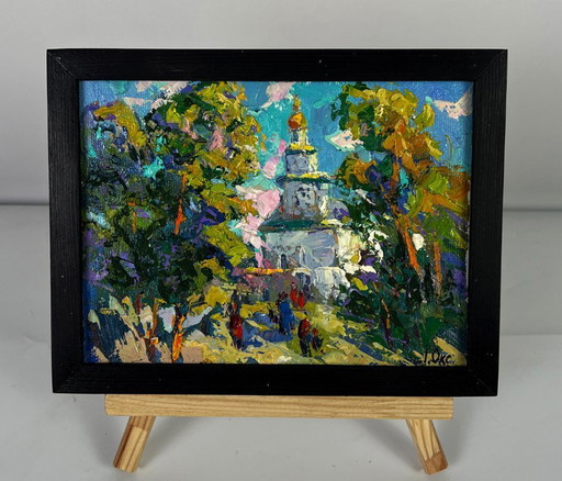 Original Oil Painting Rural Landscape Church Morning Bell in the Village