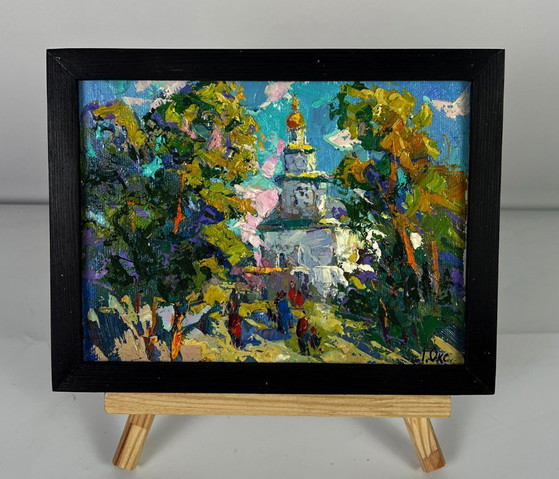 Image 1 of Original Oil Painting Rural Landscape Church Morning Bell in the Village