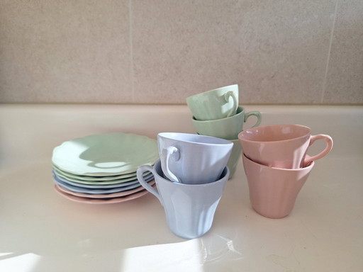 J&G Meakin china - 6 pastel coffee cups and saucers