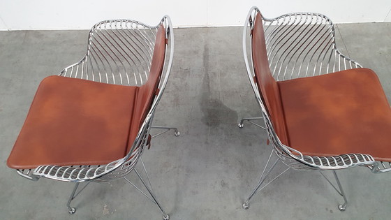 Image 1 of 2 Design Wire Chairs Chrome With Cognac Seat Pads