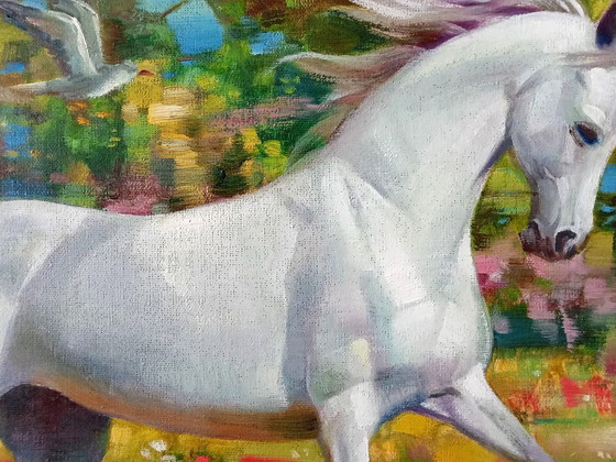 Pittura a Olio Originale Espressionismo Cavallo nel Prato Vento nella Criniera – Dipinti e disegni, Canvas (photo 2 of 7)