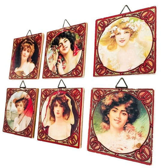 Image 1 of Vintage Art Nouveau set of portraits in the Mucha style, small paintings, 1980s