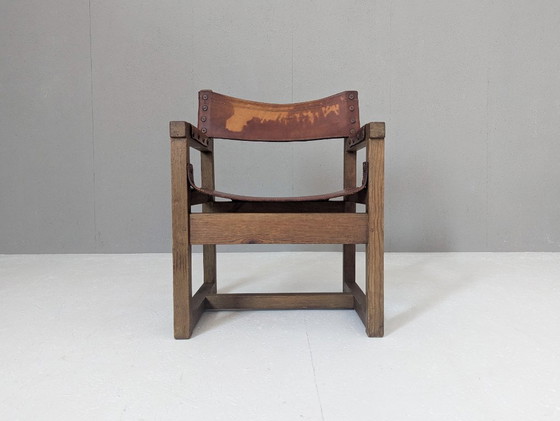 Image 1 of Spaanse Brutalistische Leren Fauteuil van Biosca, 1950