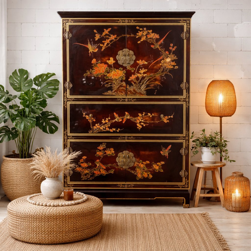 Vintage red/gold Chinese lacquer cabinet with flowers and birds