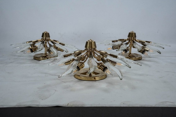 Set of three ceiling lamps in brass and crystal. Italy 1970s, Ceiling lights, Gold (photo 10 of 17)