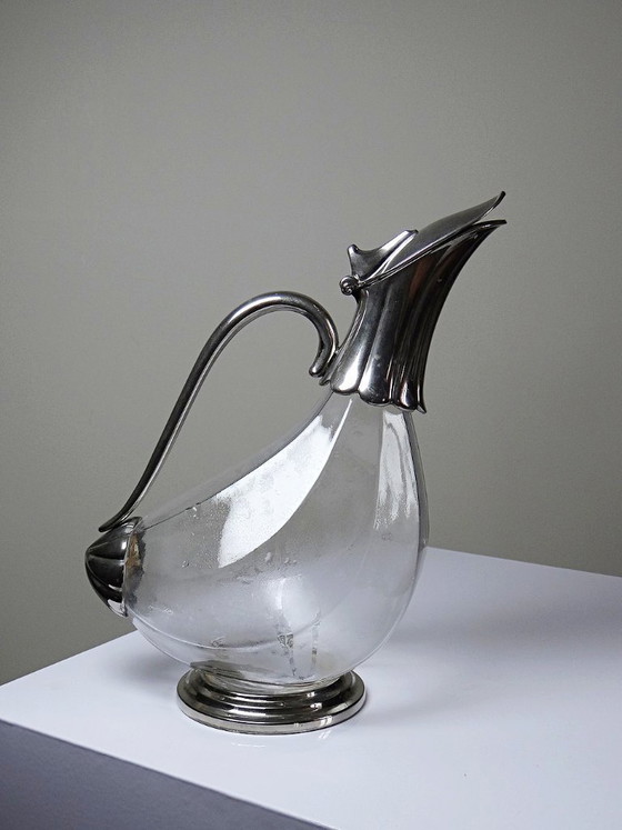 Image 1 of Vintage glass and silver-plated metal ewer, modernist pitcher/carafe 1950-1970