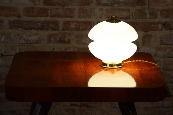 Restored Mid-Century Table Lamp, Brass, Glass, Rewired, Czech, 1960s – Textile (photo 3 of 8)
