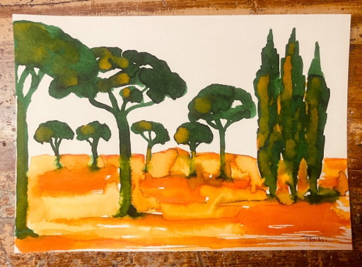 Quadro Firmato Paesaggio 'Alba Provenzale nella Pineta' – kunst, Paper (photo 2 of 9)