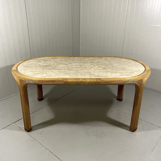 Image 1 of Vivai del Sud rattan and travertine dining table, Italy, 1960s