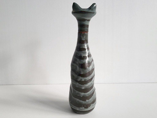Vintage likeurfles uit de jaren 60 met kattenmotief, keramiek, jaren 60, zie handtekening.