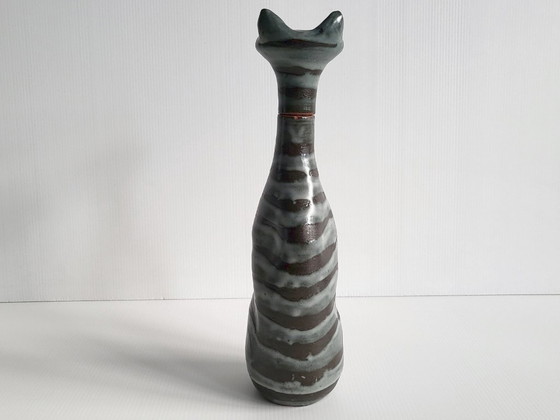 Image 1 of Vintage likeurfles uit de jaren 60 met kattenmotief, keramiek, jaren 60, zie handtekening.