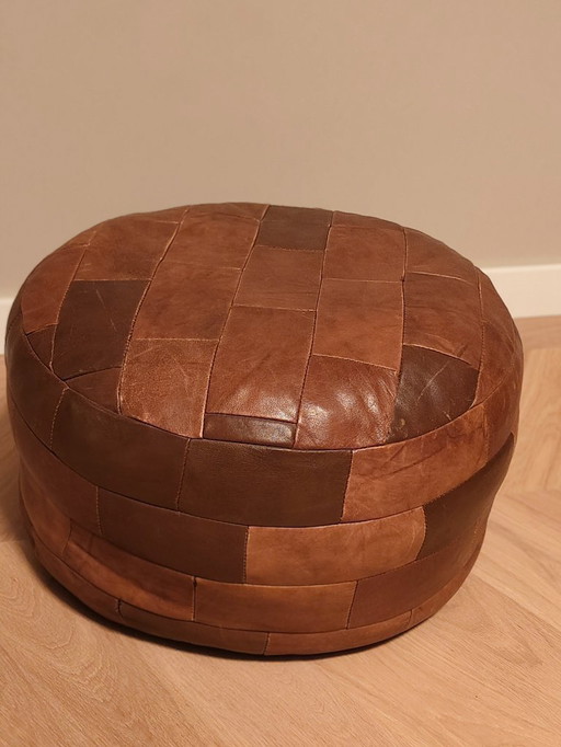 Vintage Brown Leather Pouf