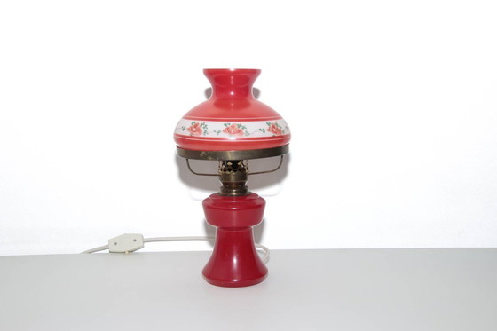 Image 1 of Petroleum lamp, red glass shade, opal glass, GDR 1970s nostalgia