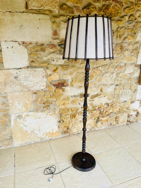 Image 1 of Mid-Century, Turned Wood, Bamboo Rattan Floor Lamp Circa 1950s