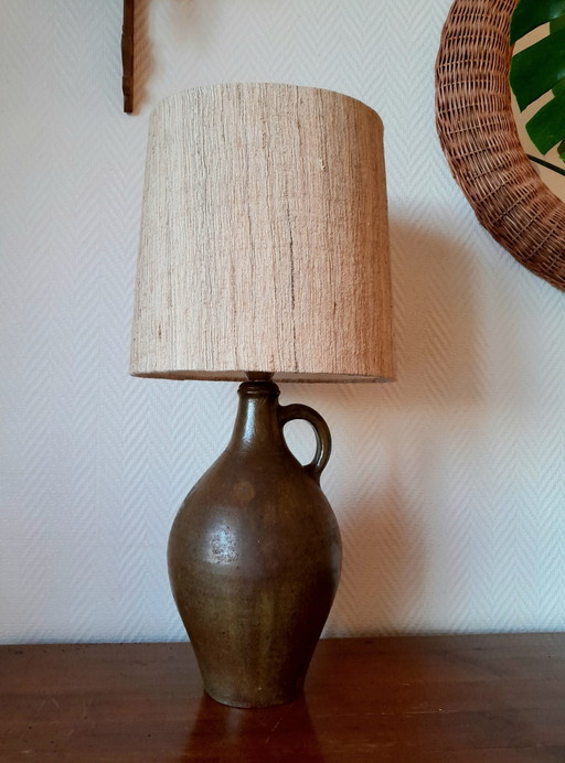 1950 Pottery Jug Lamp And Linen Style Fabric Lampshade