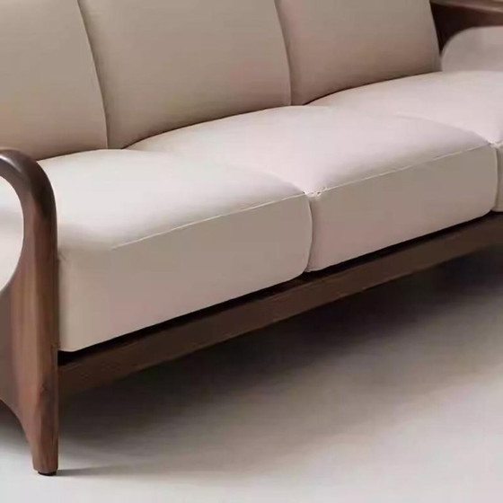 Image 1 of Modern Walnut Leather Sofa Solid Wood Designer Couch, Minimalist Cream Upholstered Sofa for Luxury Living Room
