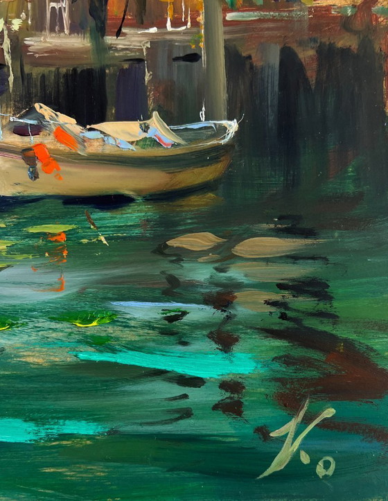 Image 1 of Original Oil Painting Evening Coastal Landscape Yachts in the sea under the gentle sun