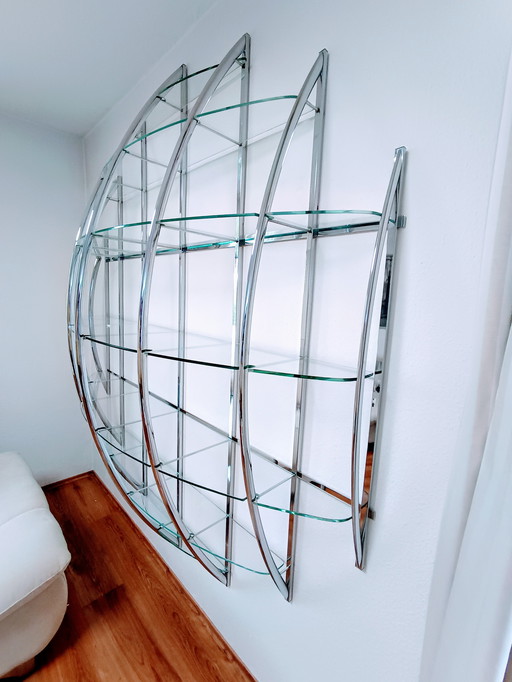 Tyco" shelf by Manfredo Massironi (Nikol Int.). Chrome/steel with glass shelves. Original condition. Mid - Century