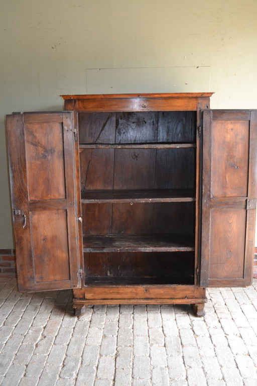 Antique 17th century oak wooden bread cabinet, spindle.