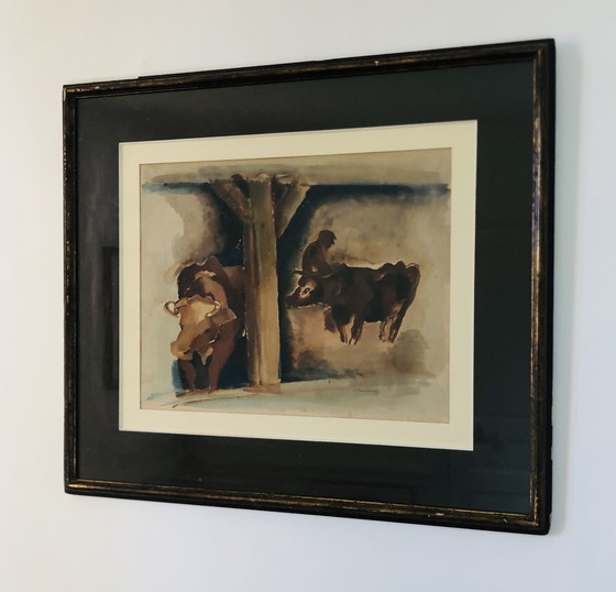 Image 1 of Jean Timmermans (1899-1986) - Mucche e contadino nella stalla Acquerello - Firmato a mano - 1930