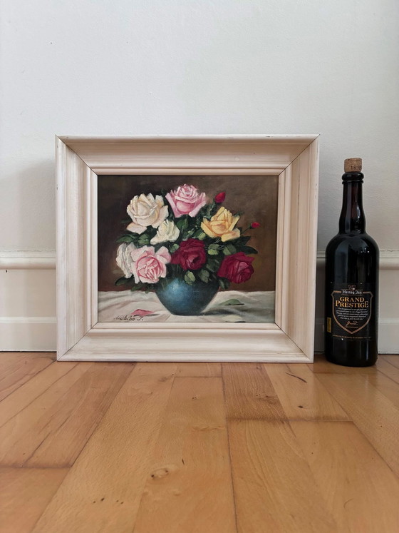 Image 1 of Peinture à l'huile originale vintage représentant des roses, signée.