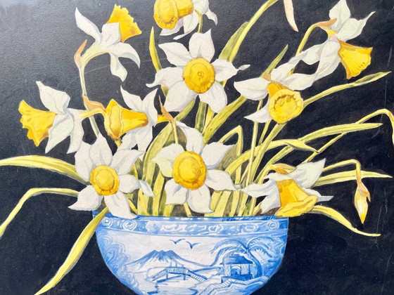 Image 1 of Dipinto d'epoca di natura morta con narcisi, 1920