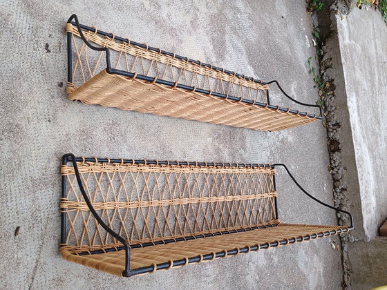 Image 1 of Pair of Vintage Raoul Guys Rattan Wall Shelves, French Mid Century Woven Bamboo Shelving, Boho Modernist Decor