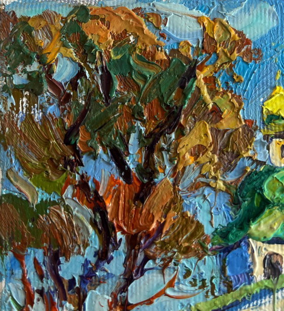 Image 1 of Original Oil Painting Autumn Church Landscape Autumn church bells
