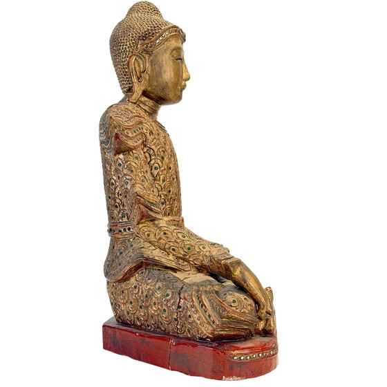 Antique Burmese Jambupati Buddha with glass mosaic, c. 1900 – Sculpture, Wood, Gold (photo 5 of 11)